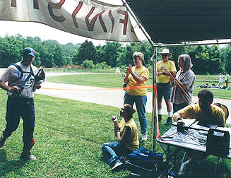 Welcoming a finisher at 2003 championships